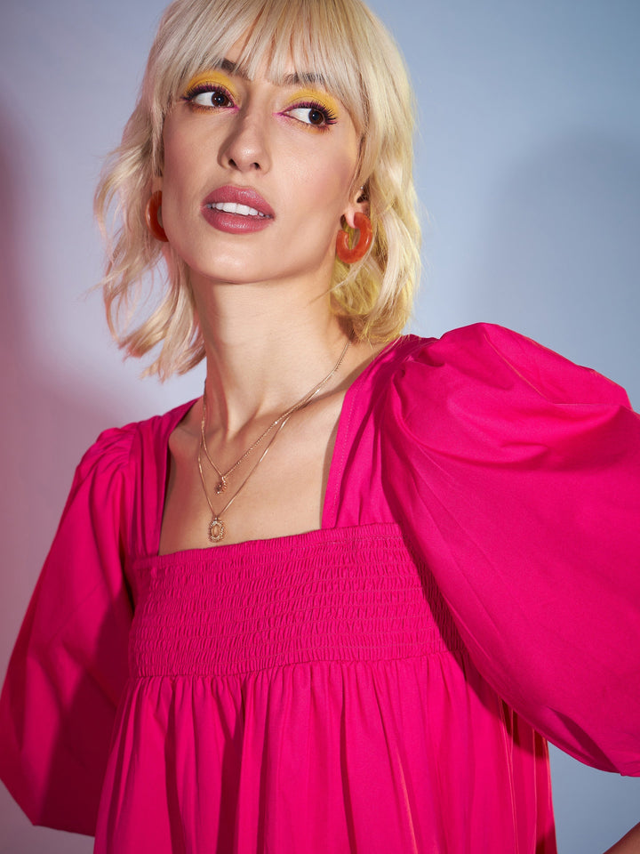 Women's Pink Puff Sleeves Short Tiered Dress - SASSAFRAS