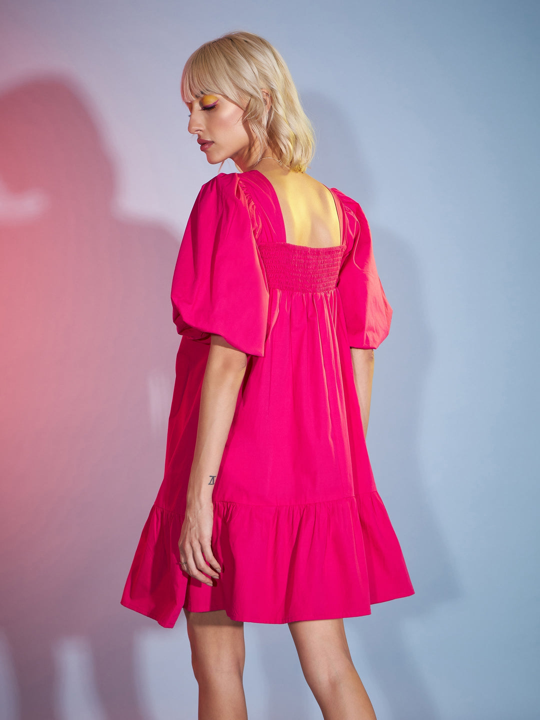 Women's Pink Puff Sleeves Short Tiered Dress - SASSAFRAS