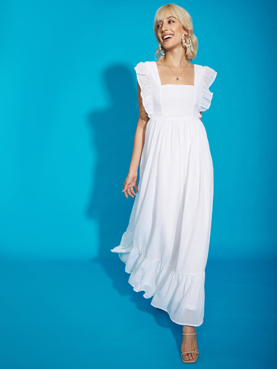 Women's White Square Neck Frill Hem Maxi Dress - SASSAFRAS