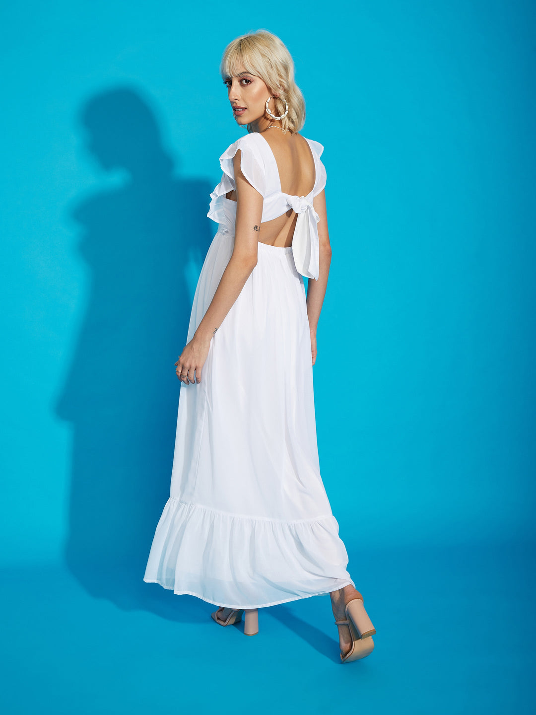 Women's White Square Neck Frill Hem Maxi Dress - SASSAFRAS