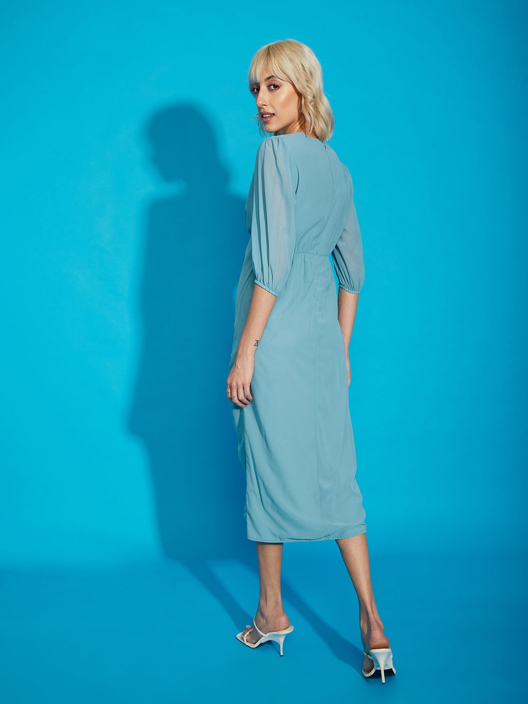 Women's Blue V- Neck Ruched Midi Dress - SASSAFRAS