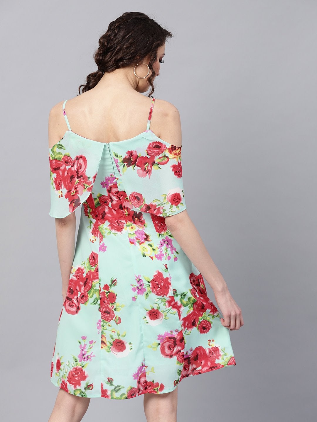 Women's Aqua Floral Layered Fit & Flare Strap Dress - SASSAFRAS