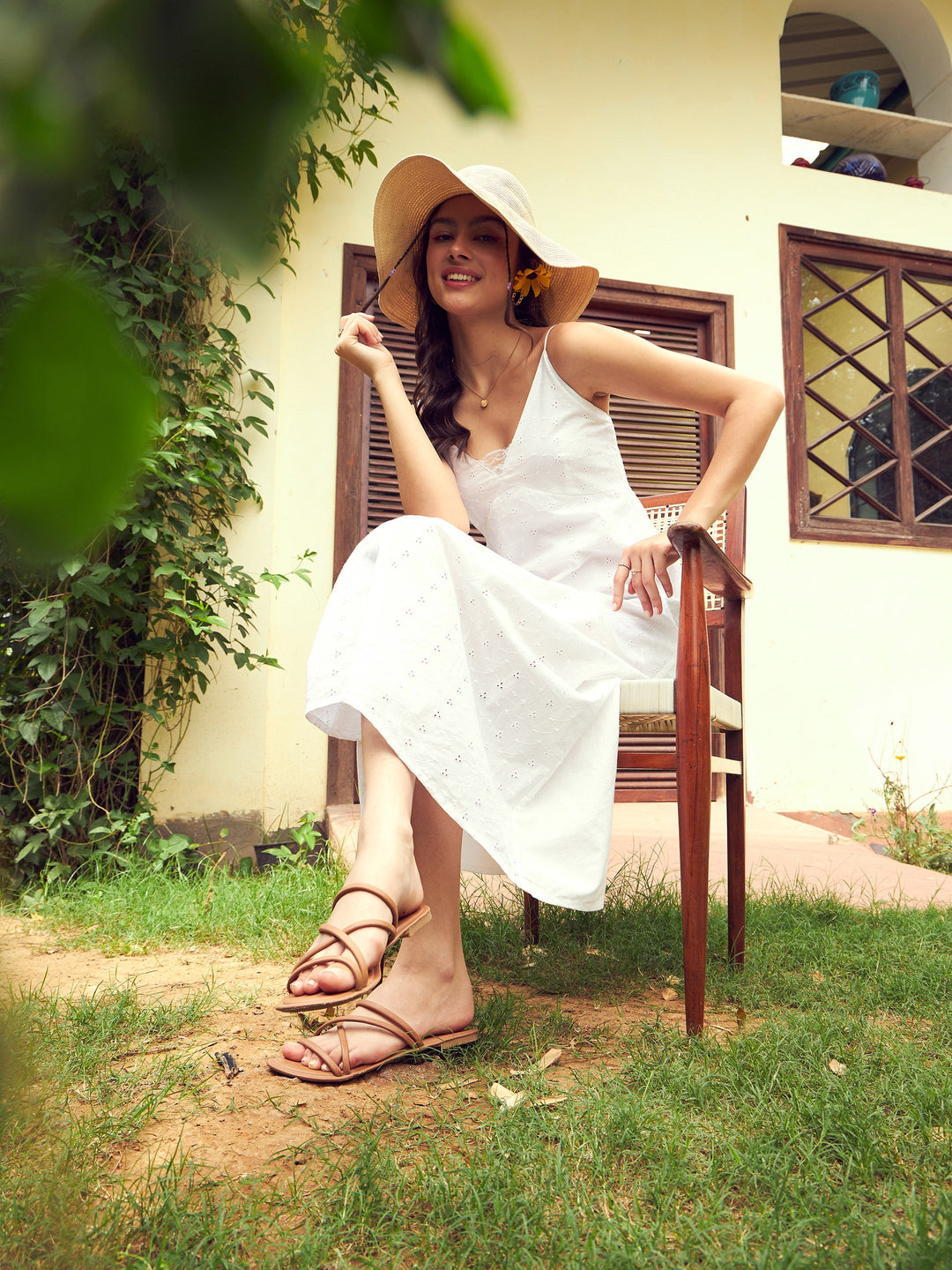 Women's White Schiffli Strappy Maxi Dress - SASSAFRAS