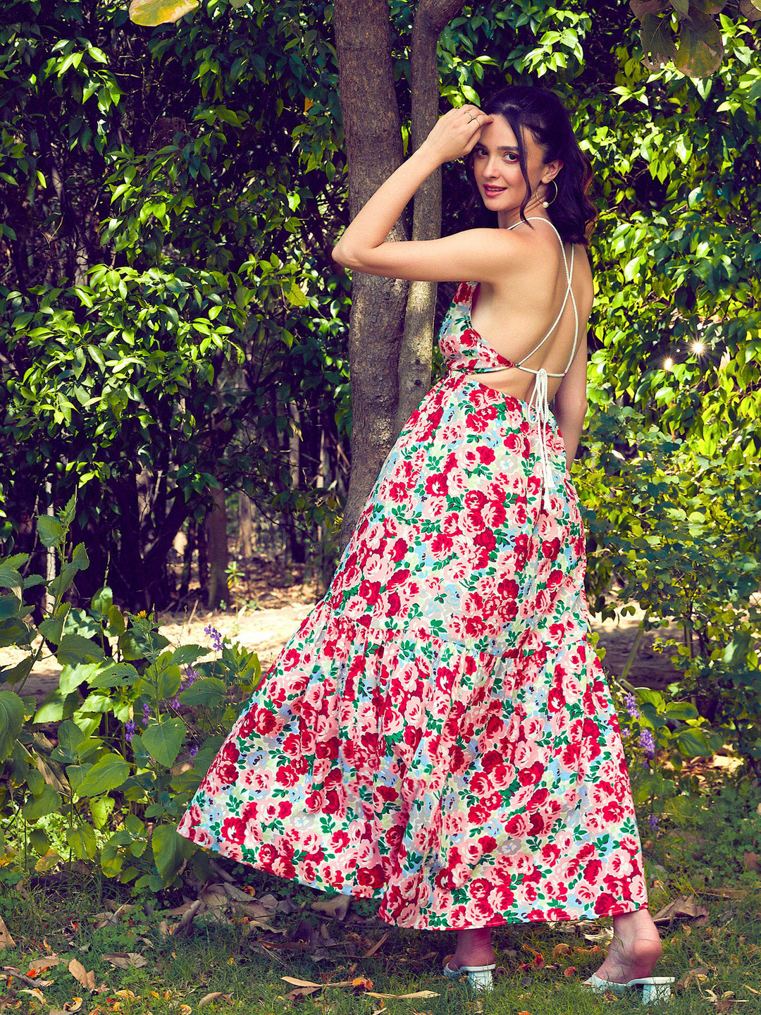 Women's Red Floral Backless Maxi Dress - SASSAFRAS