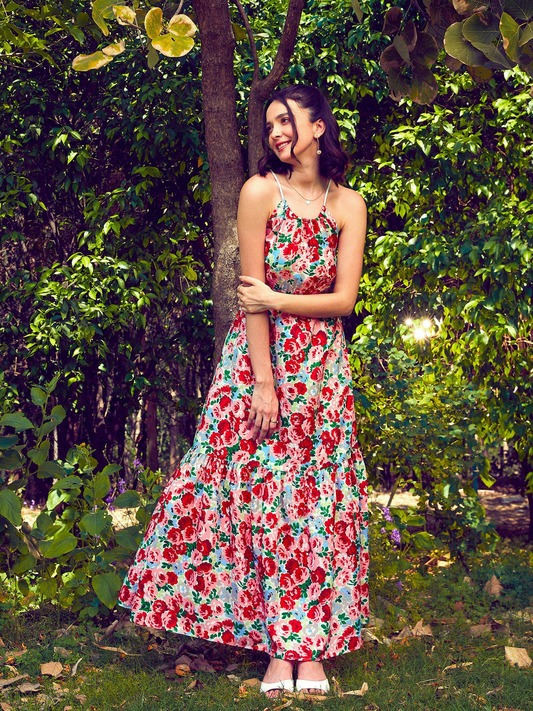 Women's Red Floral Backless Maxi Dress - SASSAFRAS