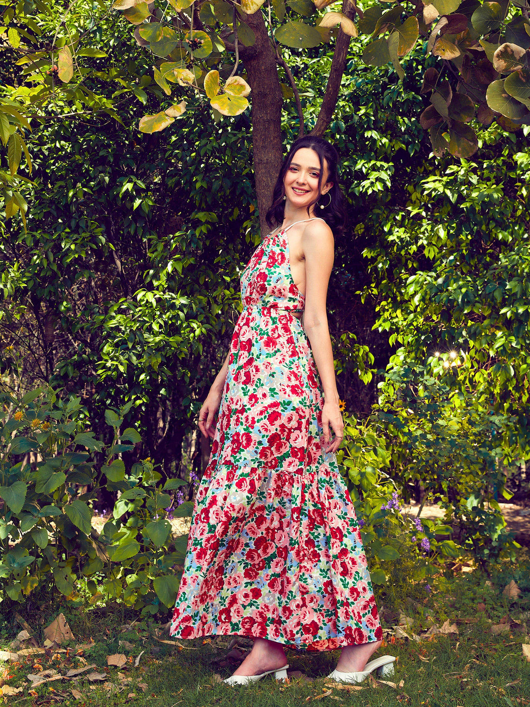 Women's Red Floral Backless Maxi Dress - SASSAFRAS
