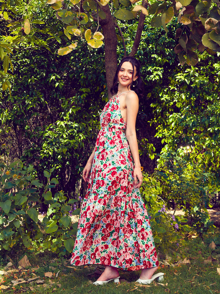 Women's Red Floral Backless Maxi Dress - SASSAFRAS