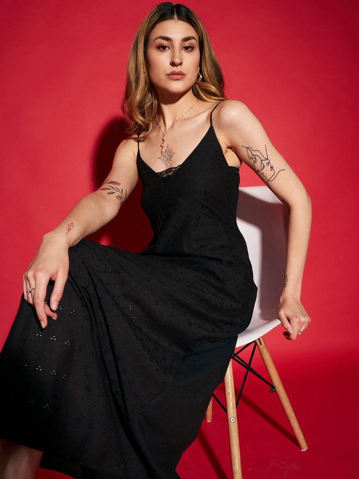 Women's Black Schiffli Strappy Maxi Dress - SASSAFRAS