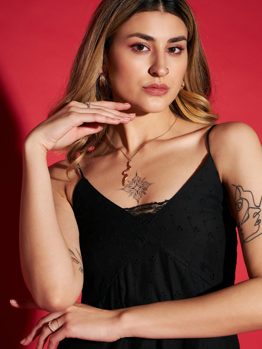 Women's Black Schiffli Strappy Maxi Dress - SASSAFRAS