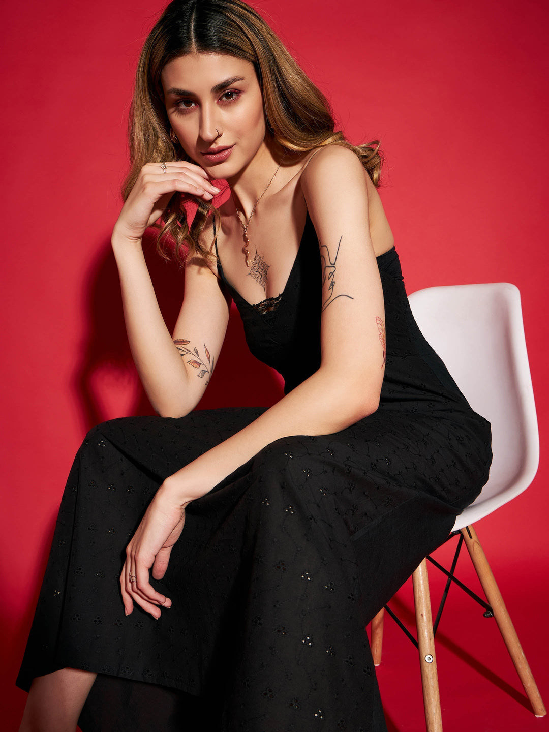 Women's Black Schiffli Strappy Maxi Dress - SASSAFRAS