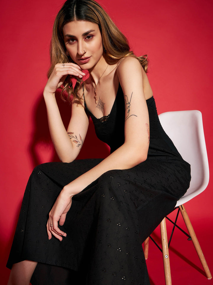 Women's Black Schiffli Strappy Maxi Dress - SASSAFRAS