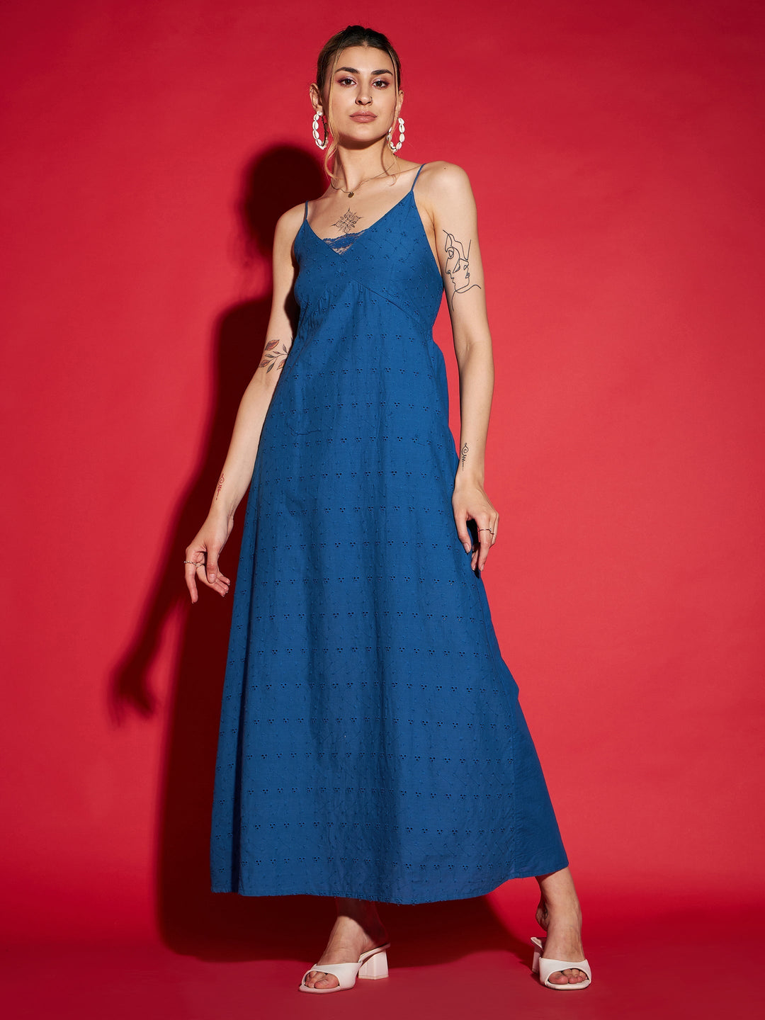 Women's Royal Blue Schiffli Strappy Maxi Dress - SASSAFRAS