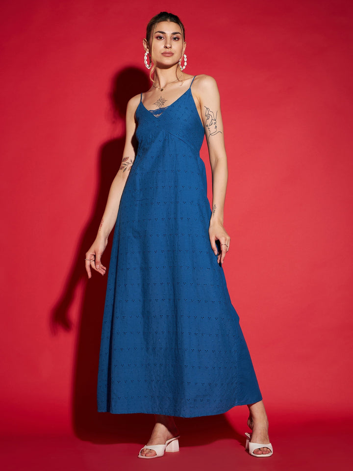 Women's Royal Blue Schiffli Strappy Maxi Dress - SASSAFRAS