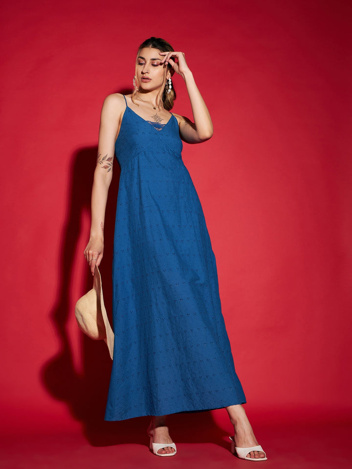 Women's Royal Blue Schiffli Strappy Maxi Dress - SASSAFRAS