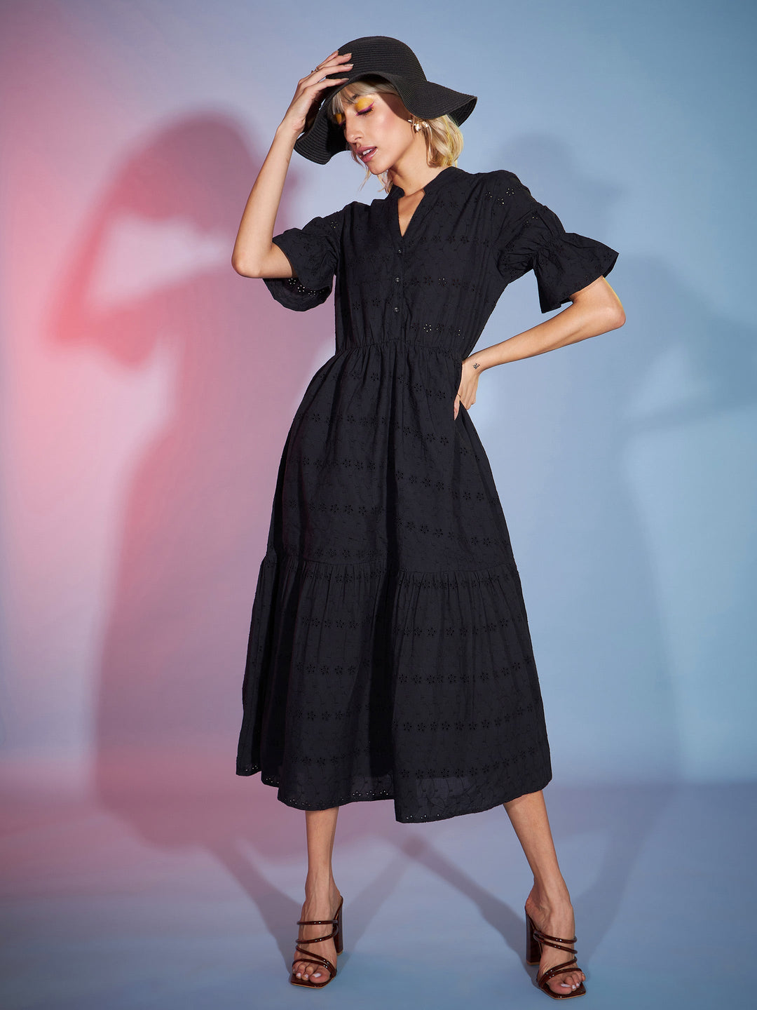 Women's Black Schiffli Tiered Midi Dress - SASSAFRAS