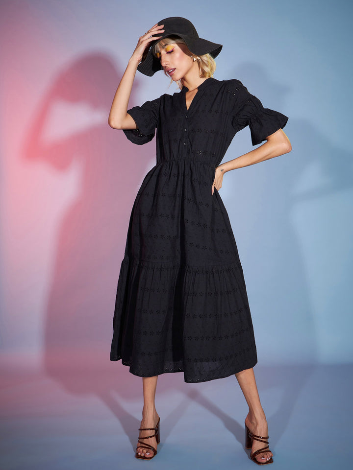 Women's Black Schiffli Tiered Midi Dress - SASSAFRAS