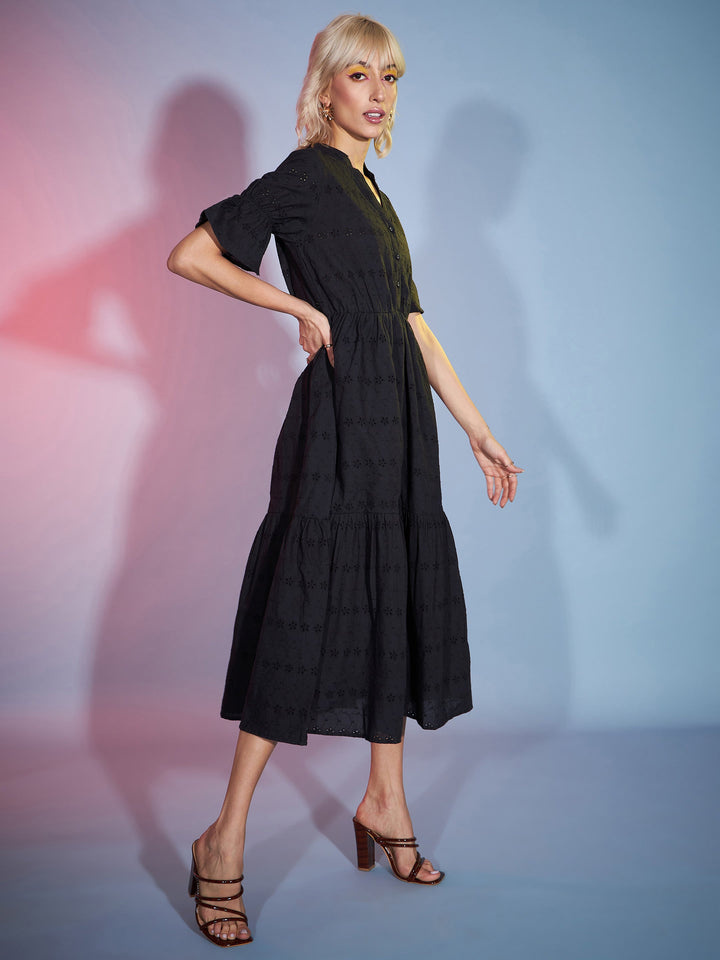 Women's Black Schiffli Tiered Midi Dress - SASSAFRAS