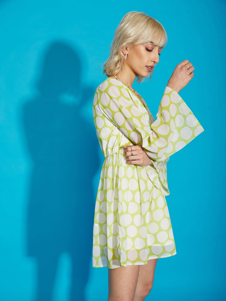 Women's Green Polka Dot Flared Sleeve Skater Dress - SASSAFRAS