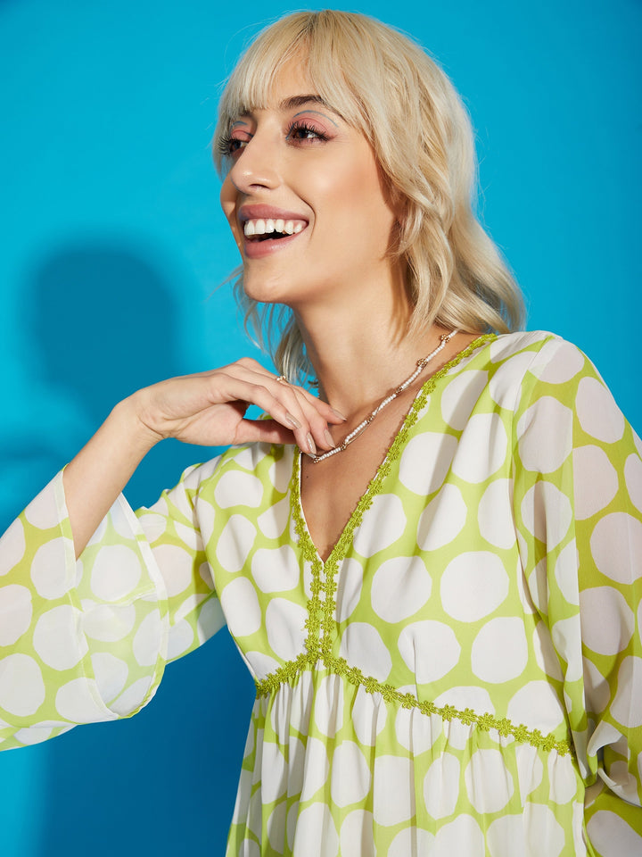 Women's Green Polka Dot Flared Sleeve Skater Dress - SASSAFRAS