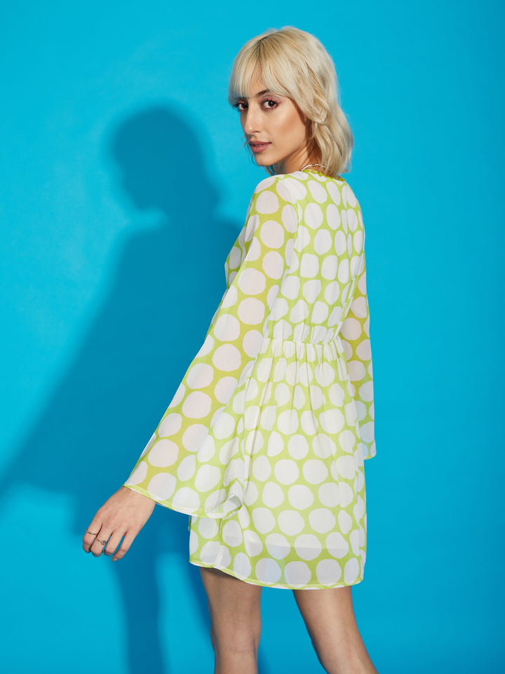 Women's Green Polka Dot Flared Sleeve Skater Dress - SASSAFRAS