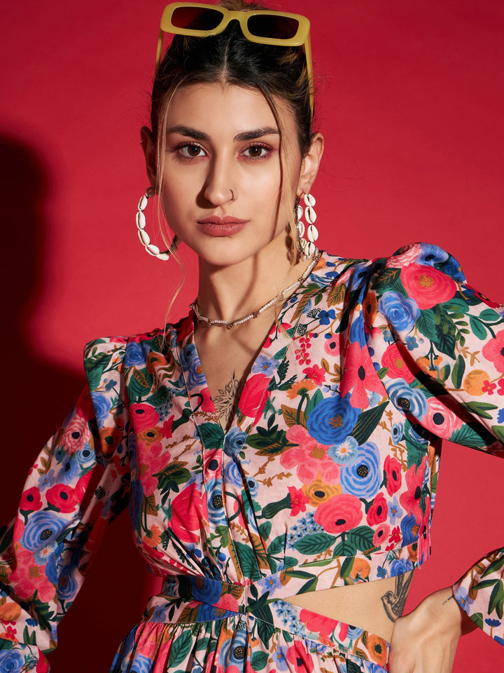 Women's Multi Floral Waist Cut-Out Maxi Dress - SASSAFRAS