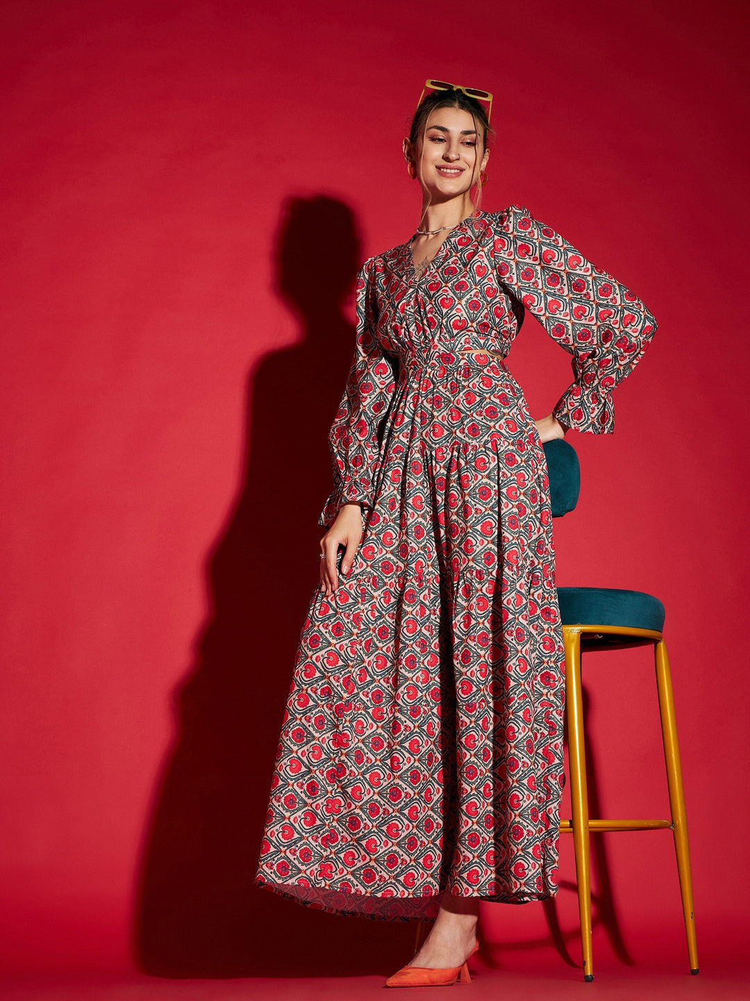 Women's Red Ethnic Motif Waist Cut-Out Maxi Dress - SASSAFRAS