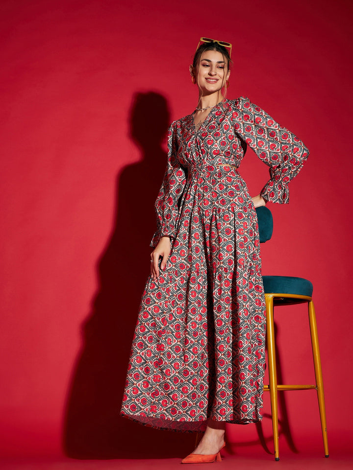 Women's Red Ethnic Motif Waist Cut-Out Maxi Dress - SASSAFRAS