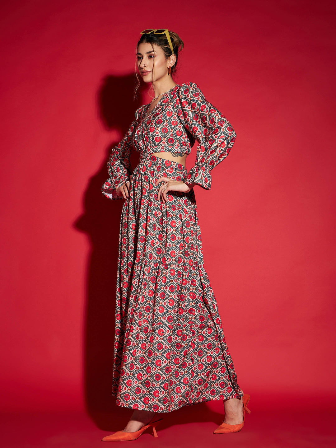Women's Red Ethnic Motif Waist Cut-Out Maxi Dress - SASSAFRAS