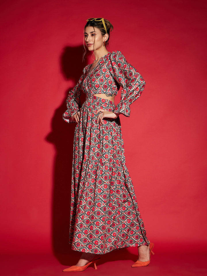 Women's Red Ethnic Motif Waist Cut-Out Maxi Dress - SASSAFRAS