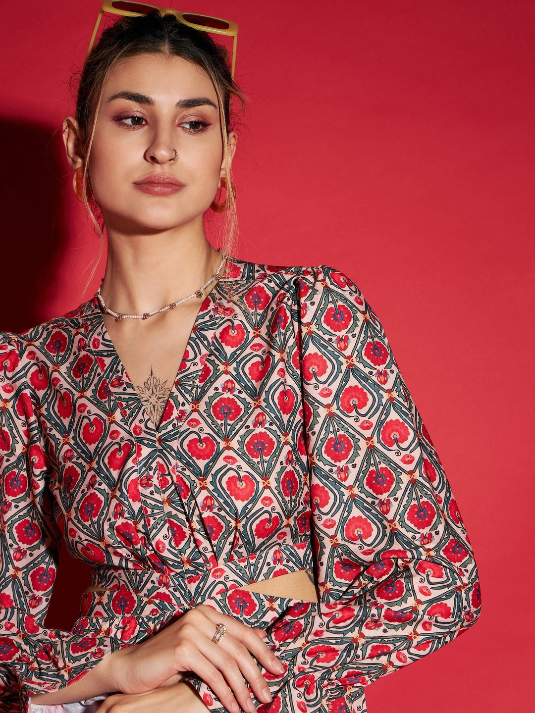 Women's Red Ethnic Motif Waist Cut-Out Maxi Dress - SASSAFRAS