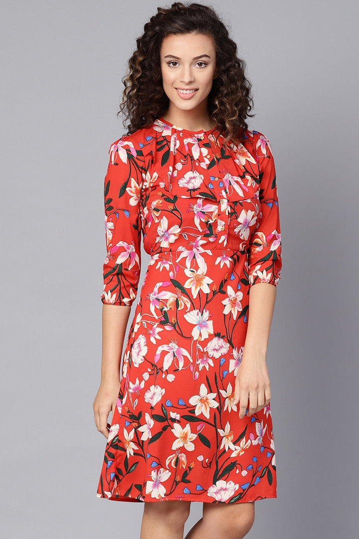 Women's Red Floral Midi Frill Neck Dress - SASSAFRAS