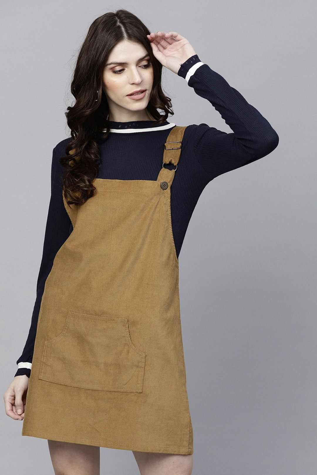 Women's Brown Kangaroo Pocket Corduroy Pinafore - SASSAFRAS