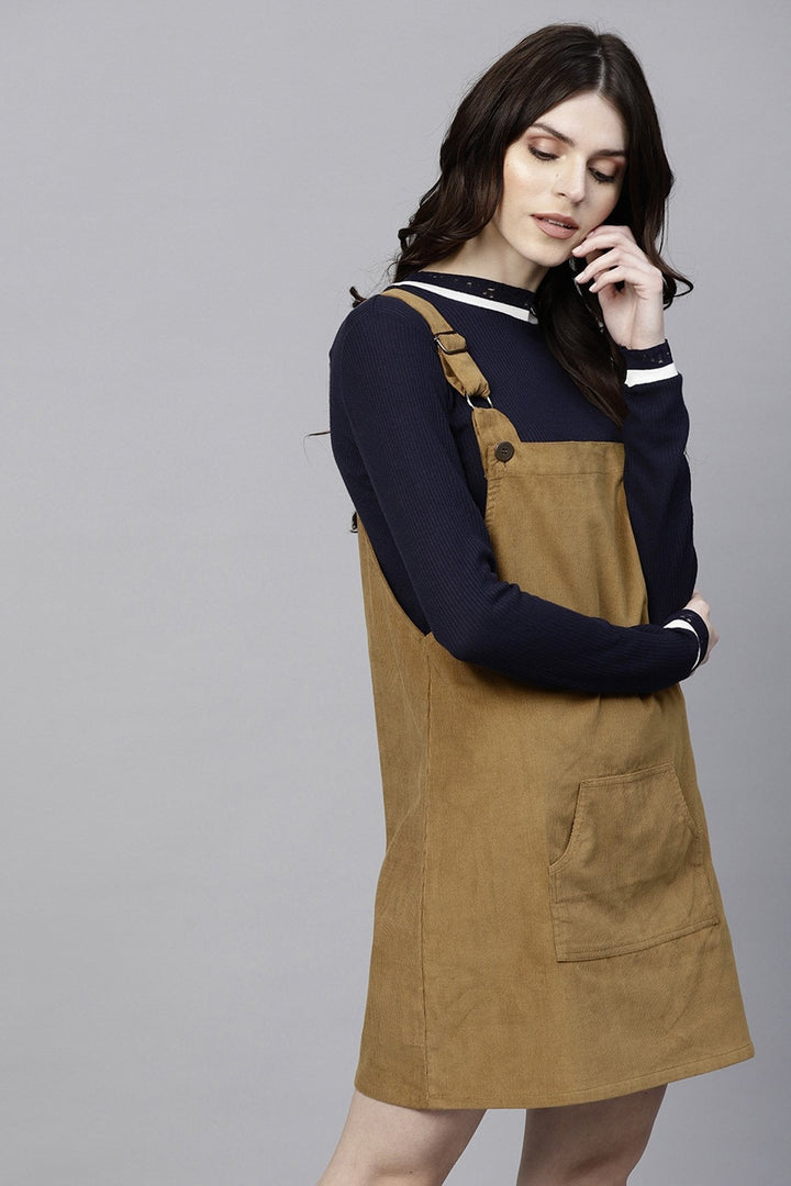 Women's Brown Kangaroo Pocket Corduroy Pinafore - SASSAFRAS