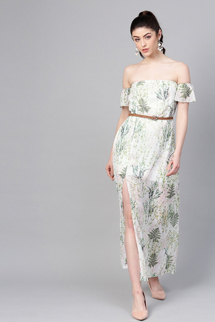 Women's Off-White Floral Off Shoulder Belted Maxi - SASSAFRAS