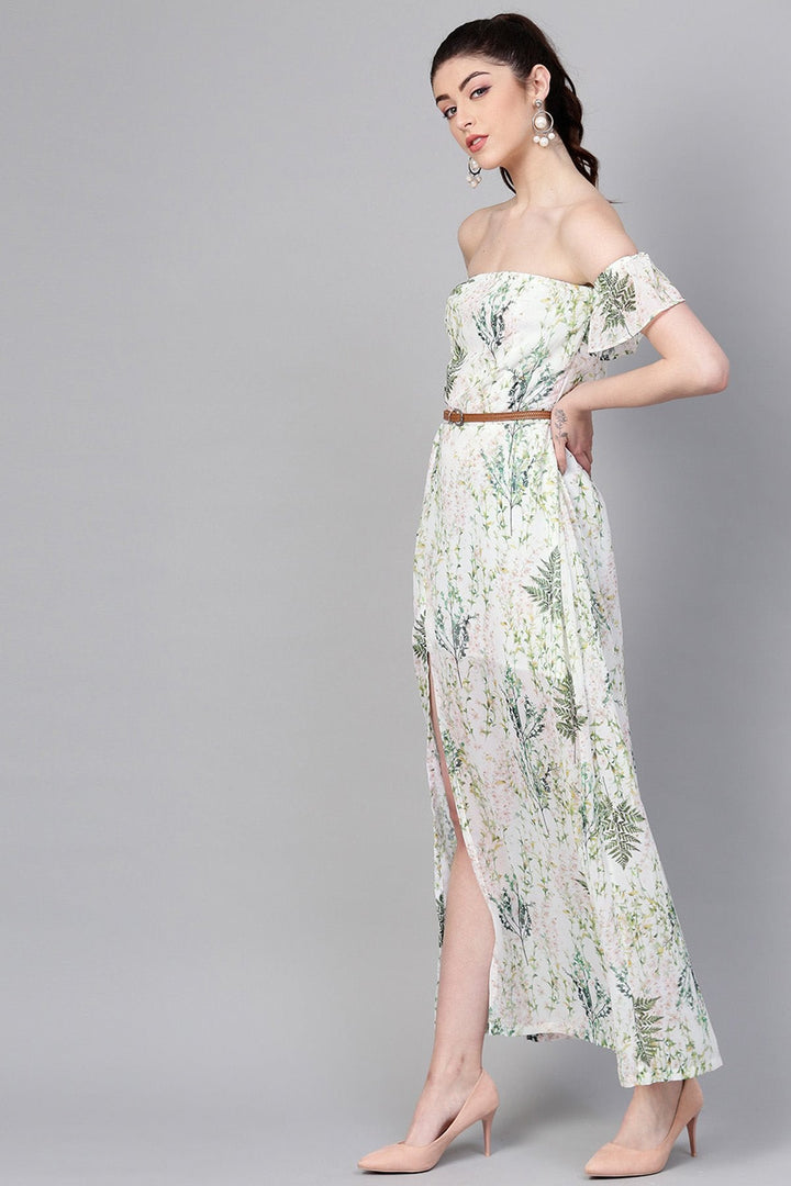 Women's Off-White Floral Off Shoulder Belted Maxi - SASSAFRAS