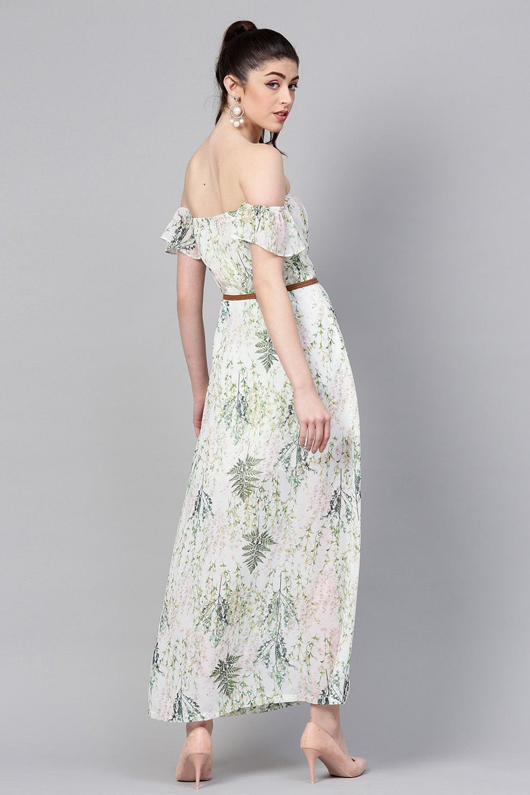 Women's Off-White Floral Off Shoulder Belted Maxi - SASSAFRAS