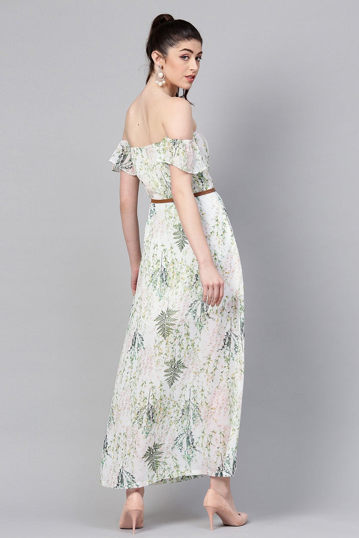 Women's Off-White Floral Off Shoulder Belted Maxi - SASSAFRAS