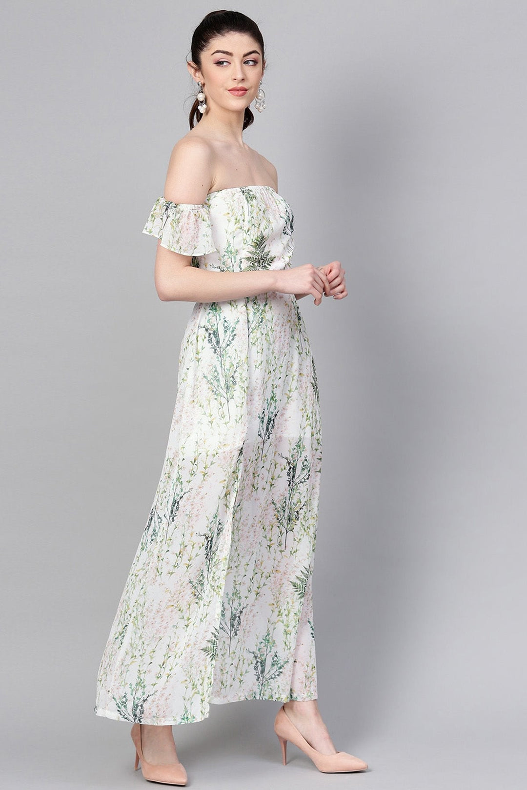 Women's Off-White Floral Off Shoulder Belted Maxi - SASSAFRAS