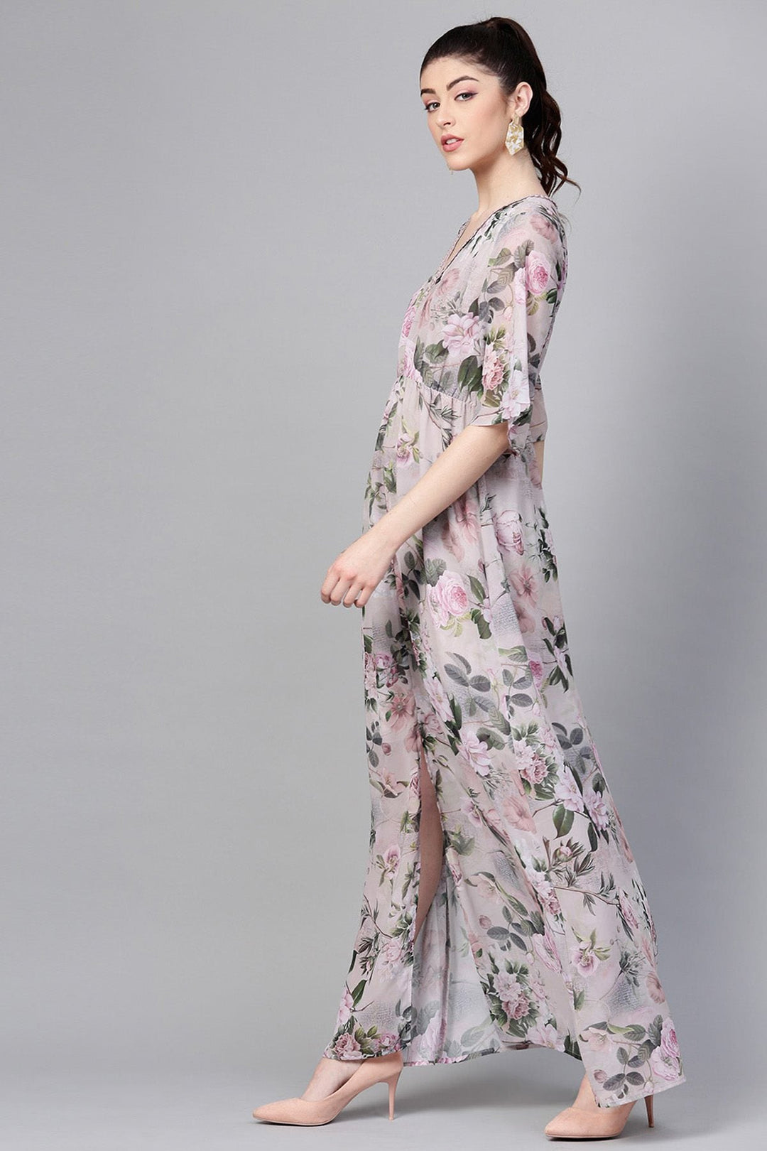 Women's Pista Green Floral V-Neck Maxi - SASSAFRAS