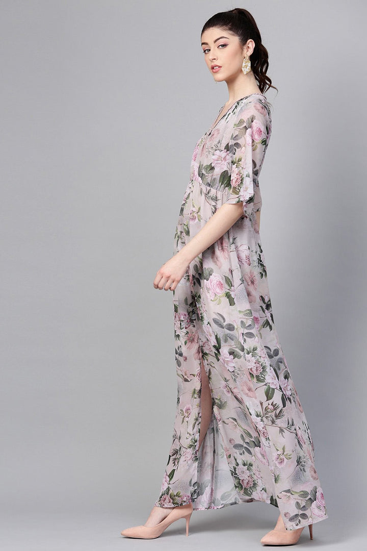 Women's Pista Green Floral V-Neck Maxi - SASSAFRAS