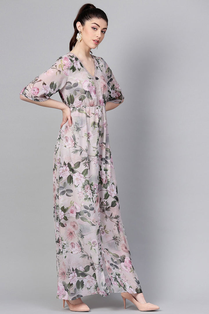 Women's Pista Green Floral V-Neck Maxi - SASSAFRAS