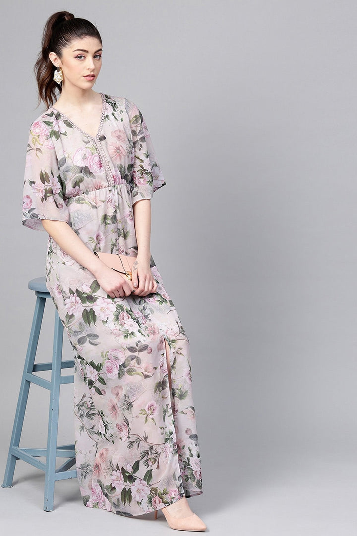 Women's Pista Green Floral V-Neck Maxi - SASSAFRAS