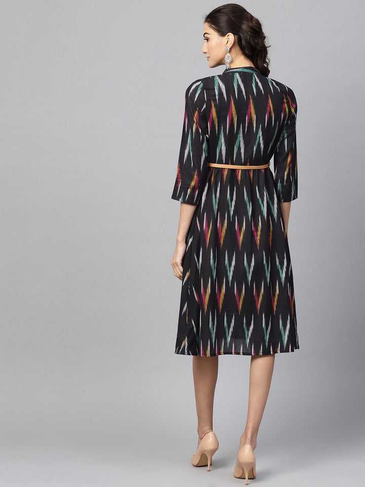 Women's Black Ikat Front Open Belted Dress - SASSAFRAS