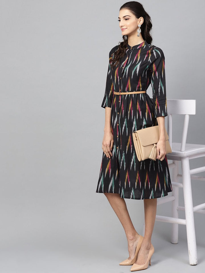 Women's Black Ikat Front Open Belted Dress - SASSAFRAS