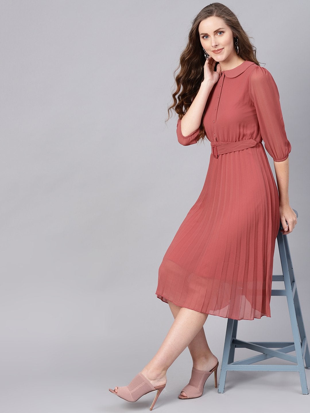 Women's Rose Pink Peterpan Belted Pleated Midi Dress - SASSAFRAS