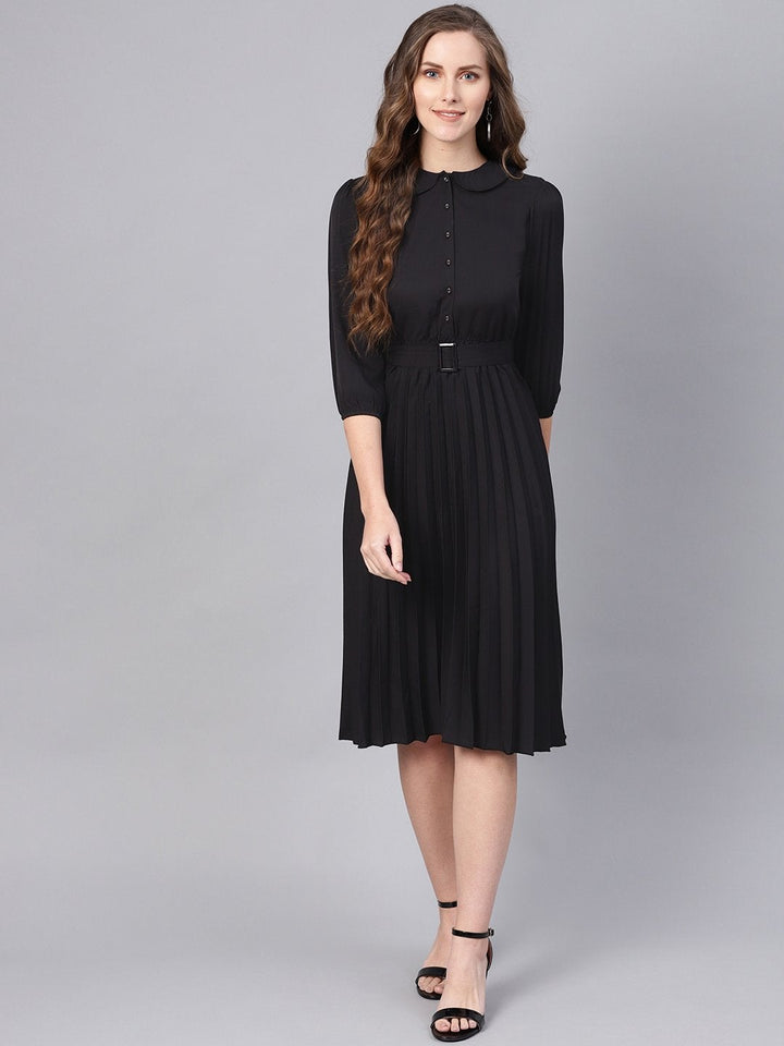 Women's Black Peterpan Belted Pleated Midi Dress - SASSAFRAS
