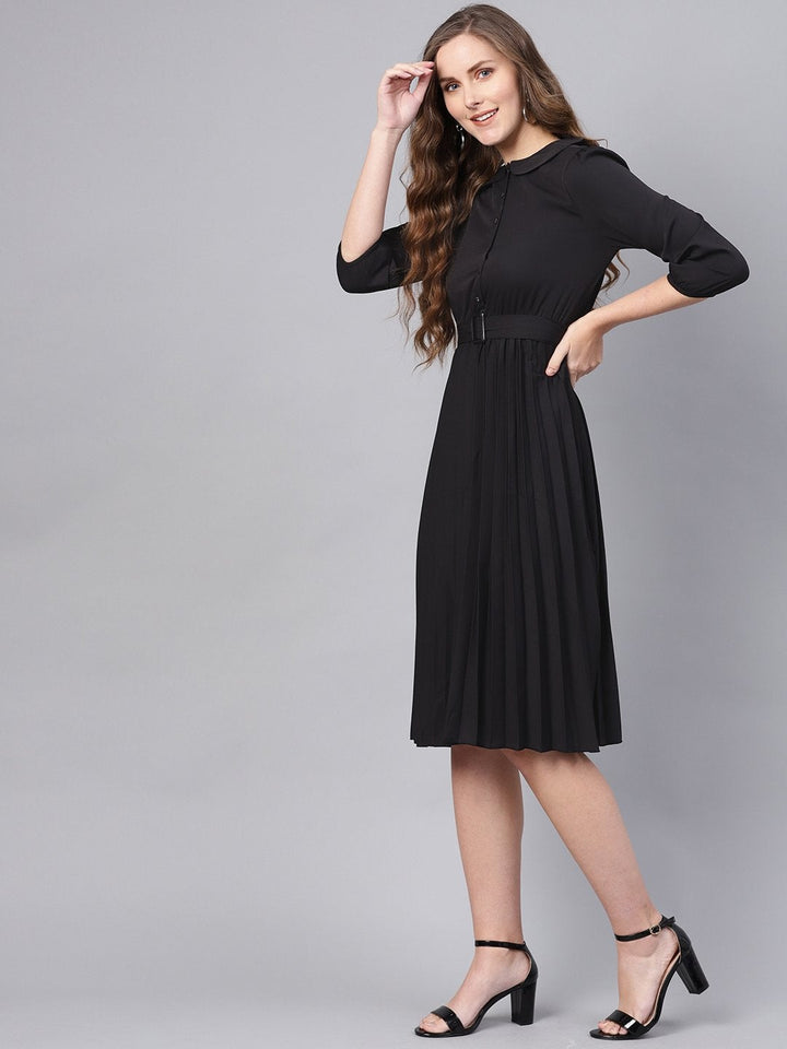 Women's Black Peterpan Belted Pleated Midi Dress - SASSAFRAS