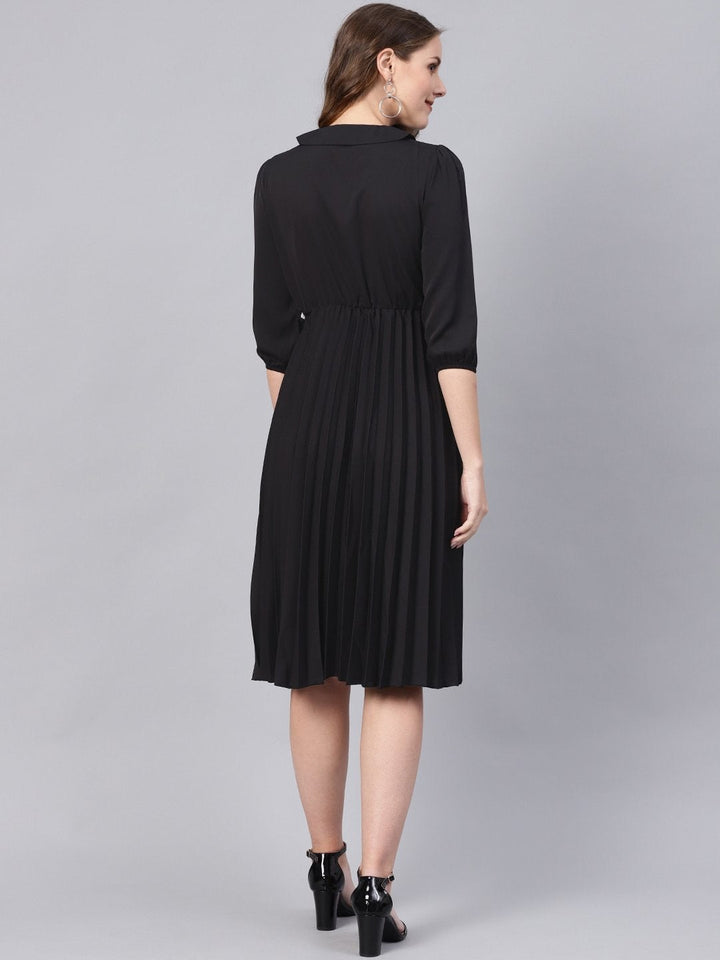 Women's Black Peterpan Belted Pleated Midi Dress - SASSAFRAS