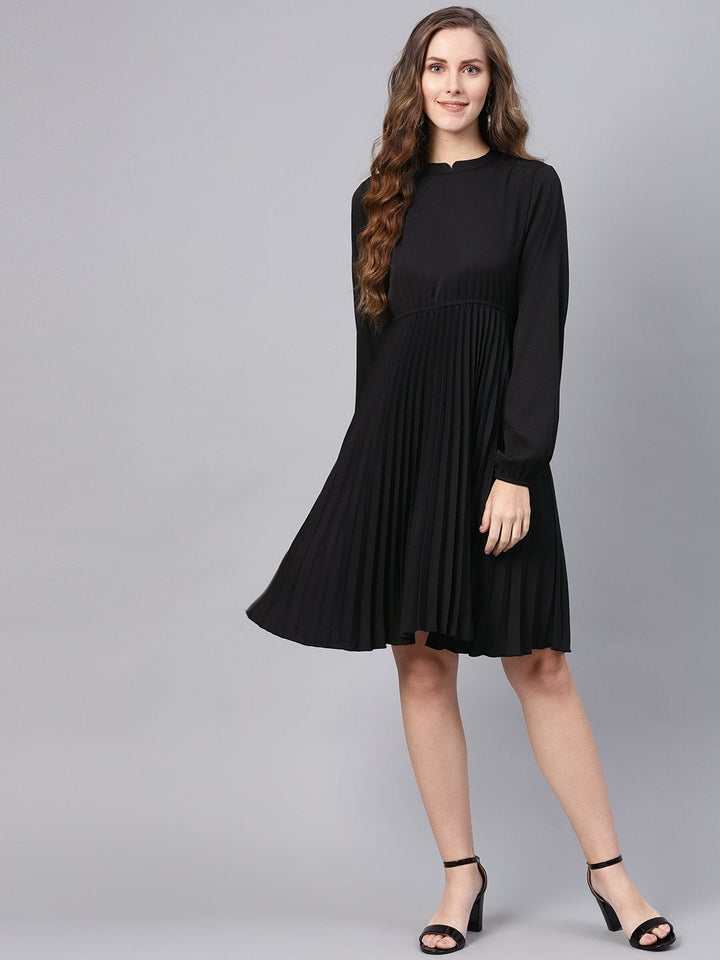 Women's Black Mandrain Collar Pleated Skater Dress - SASSAFRAS