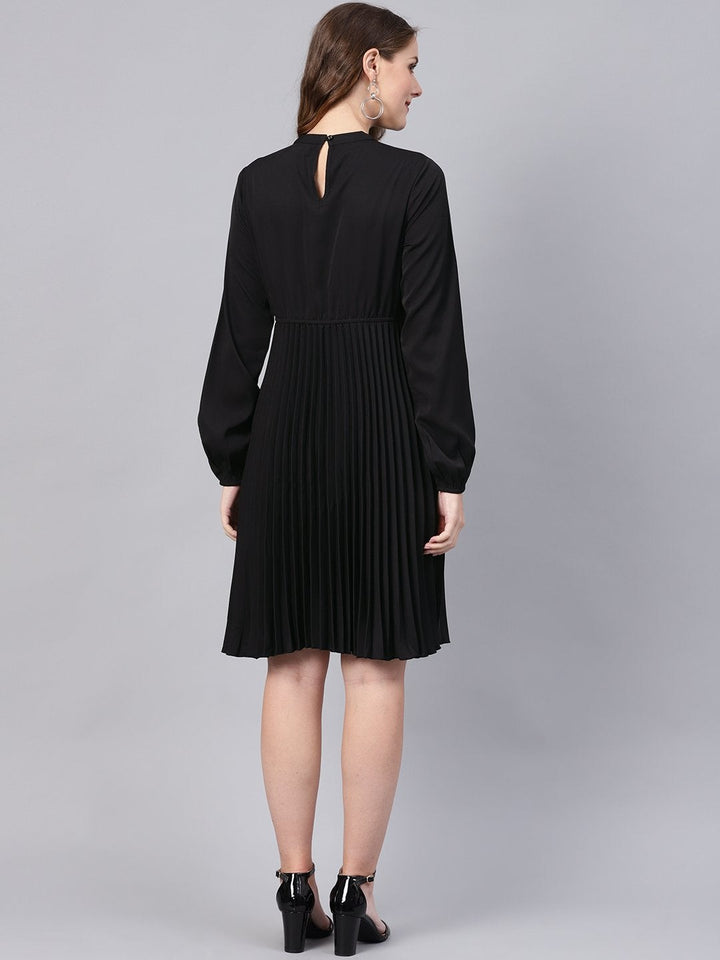 Women's Black Mandrain Collar Pleated Skater Dress - SASSAFRAS